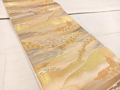 平和屋着物◎六通柄袋帯 風景文 金糸 正絹 逸品 BAAW1478mz
