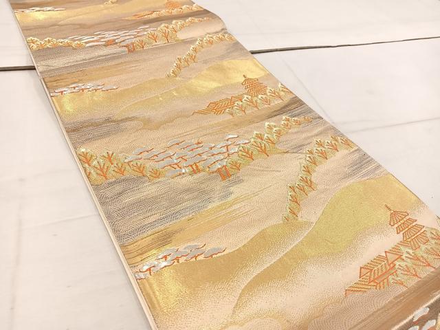 平和屋着物◎六通柄袋帯 風景文 金糸 正絹 逸品 BAAW1478mz