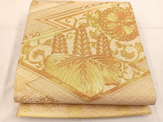 平和屋着物◎佐賀錦　太鼓柄袋帯　駒刺繍　桐花文　金糸　正絹　逸品　BAAW1479mz