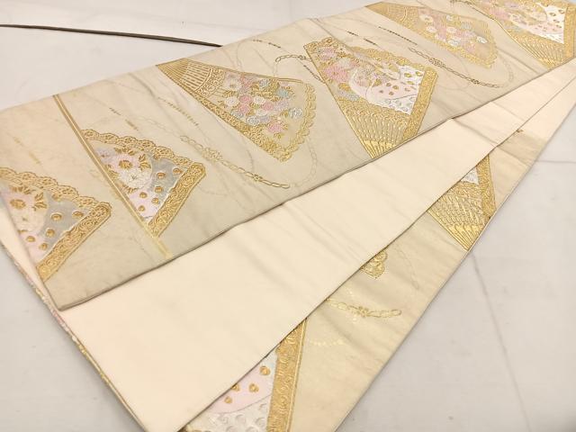 平和屋着物◎六通柄袋帯 唐織 檜扇孔雀花文 金銀糸 正絹 逸品 BAAW1481mz