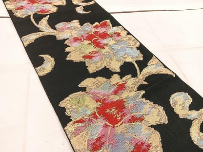 平和屋着物◎西陣　六通柄　本袋帯　更紗花文　黒地　金糸　正絹　逸品　BAAW1488mz