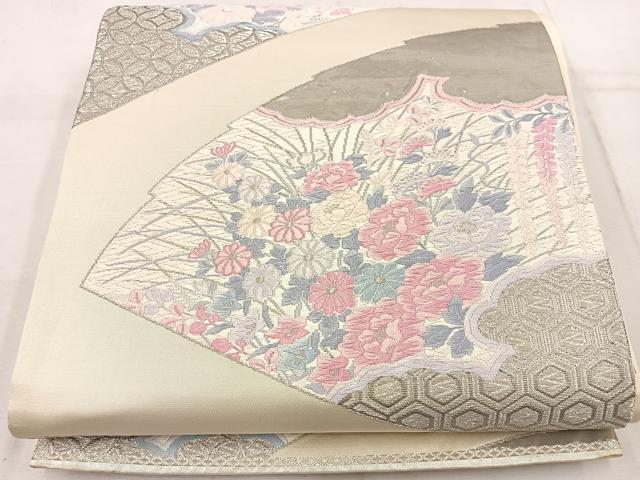 平和屋着物◎六通柄袋帯 唐織 牡丹花文 錦プラチナ箔 正絹 逸品 BAAW1491mz