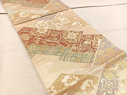 平和屋着物◎六通柄袋帯　有栖川花文　金糸　正絹　逸品　BAAW1492mz