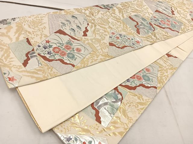 平和屋着物◎六通柄袋帯　唐織　色紙取鶴草花文　金銀糸　正絹　逸品　BAAW1493mz