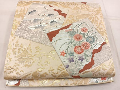 平和屋着物◎六通柄袋帯　唐織　色紙取鶴草花文　金銀糸　正絹　逸品　BAAW1493mz