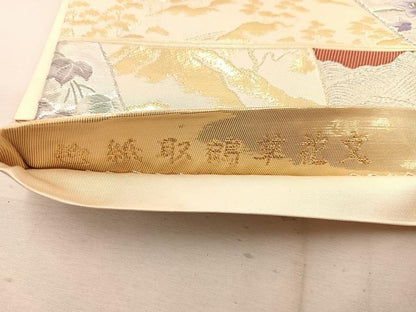 平和屋着物◎六通柄袋帯　唐織　色紙取鶴草花文　金銀糸　正絹　逸品　BAAW1493mz