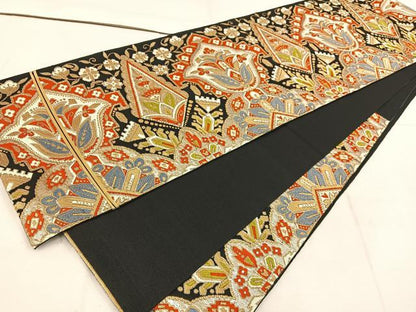 平和屋着物◎六通柄 本袋帯 唐織 更紗花文 黒地 金糸 正絹 逸品 BAAW1502mz