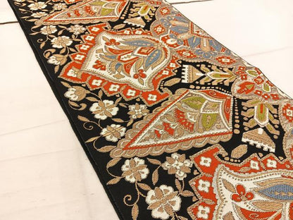 平和屋着物◎六通柄 本袋帯 唐織 更紗花文 黒地 金糸 正絹 逸品 BAAW1502mz