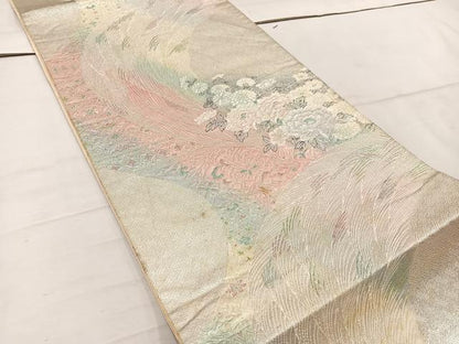 平和屋着物◎六通柄袋帯 牡丹花文 銀糸 正絹 逸品 BAAW1509mz