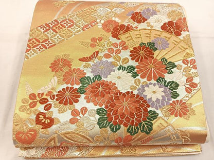 平和屋着物◎六通柄袋帯　唐織　檜扇菊花文　金銀糸　正絹　逸品　BAAW1510mz