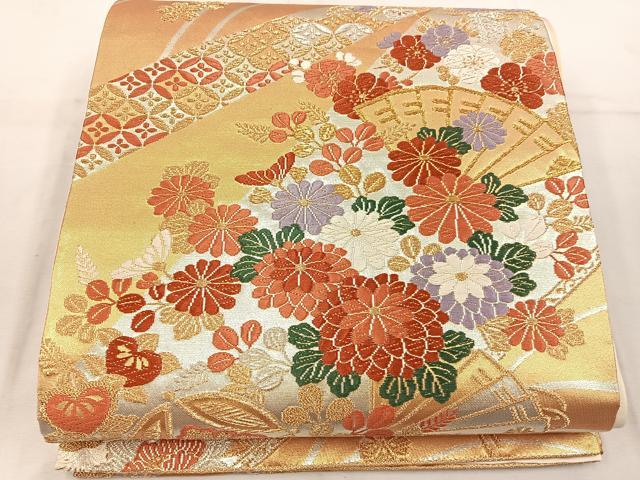 平和屋着物◎六通柄袋帯　唐織　檜扇菊花文　金銀糸　正絹　逸品　BAAW1510mz