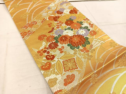 平和屋着物◎六通柄袋帯　唐織　檜扇菊花文　金銀糸　正絹　逸品　BAAW1510mz