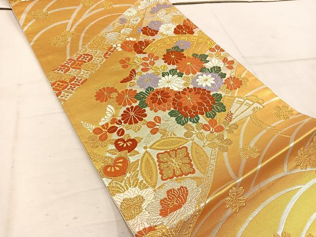 平和屋着物◎六通柄袋帯　唐織　檜扇菊花文　金銀糸　正絹　逸品　BAAW1510mz