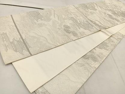 平和屋着物◎六通柄袋帯　九百錦織　風景花文　プラチナ二重箔　正絹　逸品　BAAW1523mz