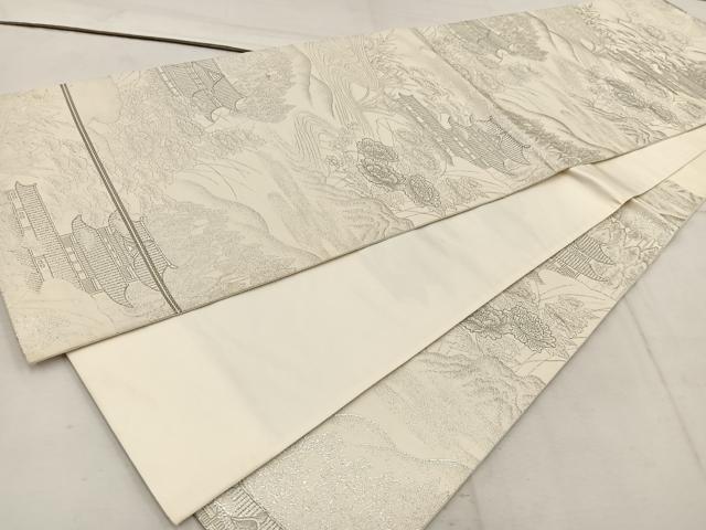 平和屋着物◎六通柄袋帯　九百錦織　風景花文　プラチナ二重箔　正絹　逸品　BAAW1523mz