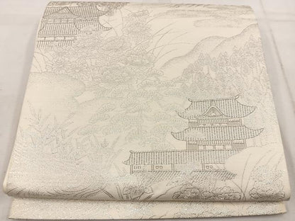 平和屋着物◎六通柄袋帯　九百錦織　風景花文　プラチナ二重箔　正絹　逸品　BAAW1523mz
