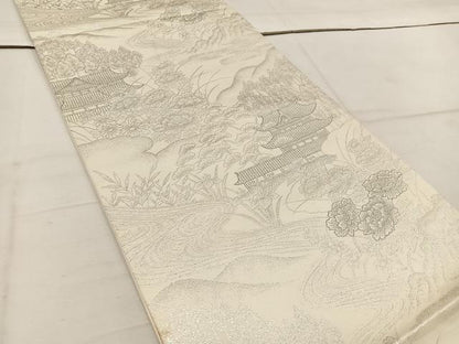 平和屋着物◎六通柄袋帯　九百錦織　風景花文　プラチナ二重箔　正絹　逸品　BAAW1523mz
