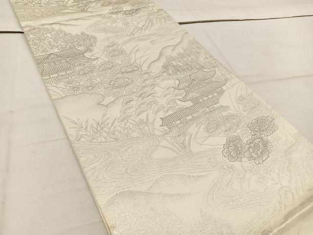 平和屋着物◎六通柄袋帯　九百錦織　風景花文　プラチナ二重箔　正絹　逸品　BAAW1523mz