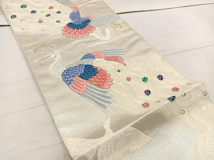 平和屋着物◎六通柄袋帯　唐織　孔雀　金銀糸　正絹　逸品　BAAW1524mz