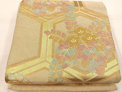 平和屋着物◎六通柄袋帯　亀甲桐文　金糸　正絹　逸品　BAAW1527mz