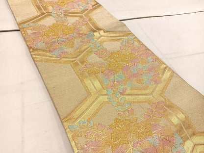 平和屋着物◎六通柄袋帯　亀甲桐文　金糸　正絹　逸品　BAAW1527mz