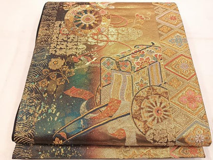 平和屋着物◎六通柄袋帯　御所車献上文　金糸　引箔　正絹　逸品　BAAW1533mz
