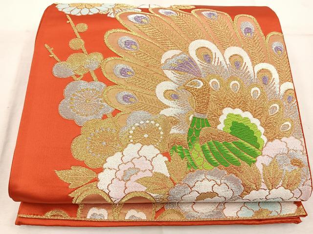 平和屋着物◎六通柄袋帯　唐織　孔雀花文　金銀糸　正絹　逸品　BAAW1544mz