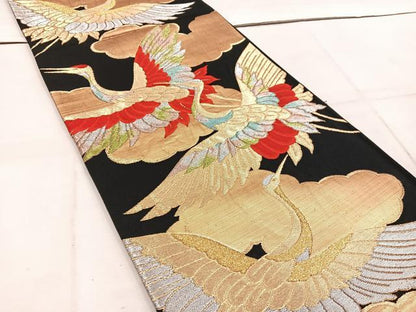 平和屋着物◎六通柄袋帯 雲取り飛鶴文 黒地 金銀糸 正絹 逸品 BAAW1546mz