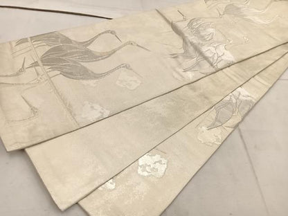 平和屋着物◎六通柄袋帯 群鶴 銀糸 正絹 逸品 BAAW1557mz