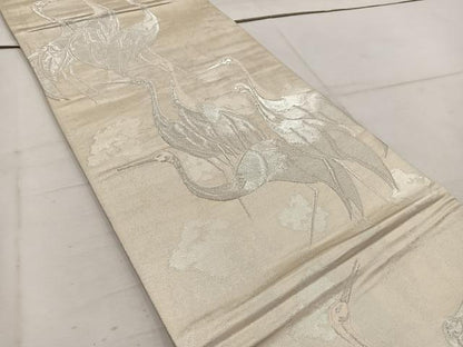 平和屋着物◎六通柄袋帯 群鶴 銀糸 正絹 逸品 BAAW1557mz