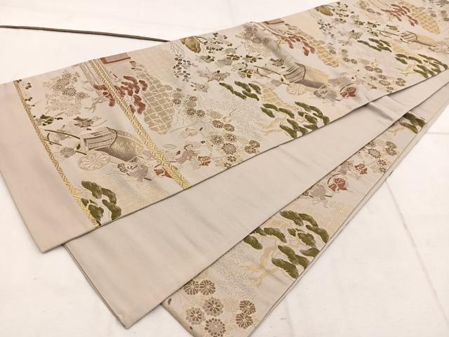 平和屋着物◎六通柄袋帯 人物風景花文 金糸 正絹 逸品 BAAW1558mz
