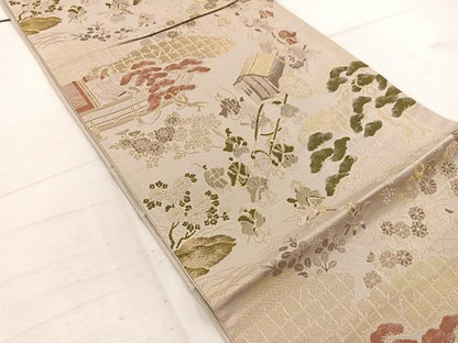 平和屋着物◎六通柄袋帯 人物風景花文 金糸 正絹 逸品 BAAW1558mz