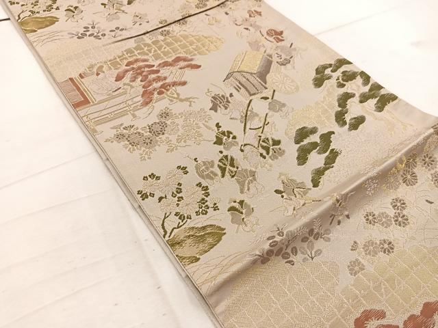 平和屋着物◎六通柄袋帯 人物風景花文 金糸 正絹 逸品 BAAW1558mz