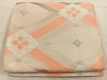 平和屋着物◎六通柄袋帯　唐織　菱花文　銀糸　正絹　逸品　BAAW1560mz