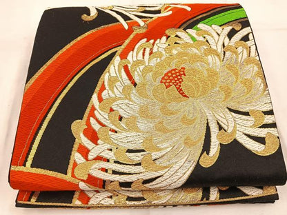 平和屋着物◎六通柄袋帯 唐織 乱菊 黒地 金銀糸 正絹 逸品 BAAW1563mz