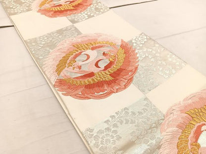 平和屋着物◎六通柄袋帯 唐織 双鶴花文 金銀糸 正絹 逸品 BAAW1565mz