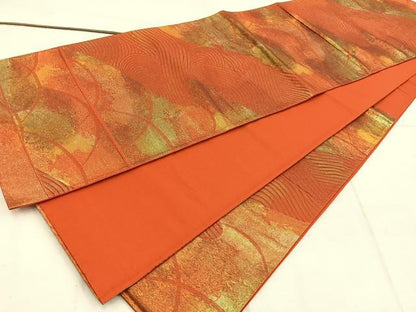 平和屋着物◎六通柄袋帯 芝草流水文 金糸 引箔 正絹 逸品 BAAW1572mz