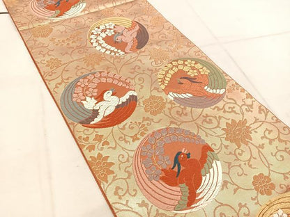 平和屋着物◎六通柄袋帯　唐織　織文錦　花鳥丸文　金糸　正絹　逸品　BAAW1578mz