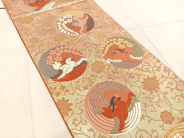 平和屋着物◎六通柄袋帯　唐織　織文錦　花鳥丸文　金糸　正絹　逸品　BAAW1578mz