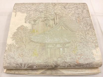平和屋着物◎六通柄袋帯 樹林風景文 銀糸 正絹 逸品 BAAW1580mz