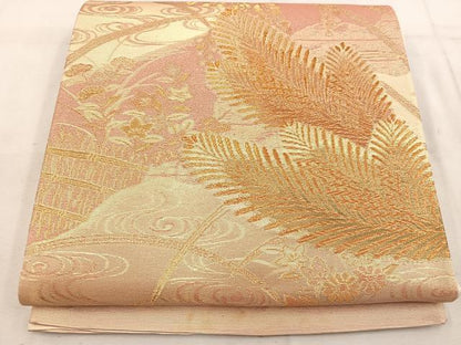 平和屋着物◎六通柄袋帯 流水草葉文 金糸 正絹 逸品 BAAW1588mz