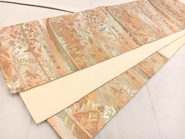 平和屋着物◎六通柄袋帯　更紗人物花蝶文　金糸　正絹　逸品　BAAW1598mz