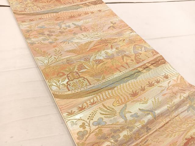 平和屋着物◎六通柄袋帯　更紗人物花蝶文　金糸　正絹　逸品　BAAW1598mz