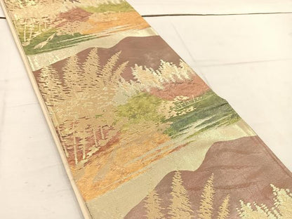 平和屋着物◎六通柄袋帯 遠山樹林文 金糸 正絹 逸品 BAAW1600mz