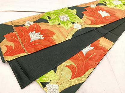 平和屋着物◎六通柄袋帯 唐織 立涌花文 黒地 金銀糸 正絹 逸品 BAAW1608mz
