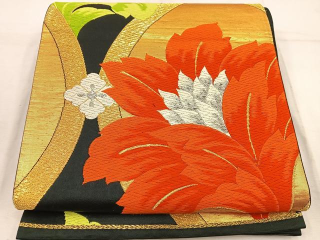 平和屋着物◎六通柄袋帯 唐織 立涌花文 黒地 金銀糸 正絹 逸品 BAAW1608mz