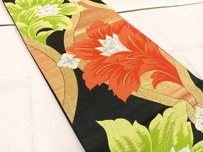 平和屋着物◎六通柄袋帯 唐織 立涌花文 黒地 金銀糸 正絹 逸品 BAAW1608mz