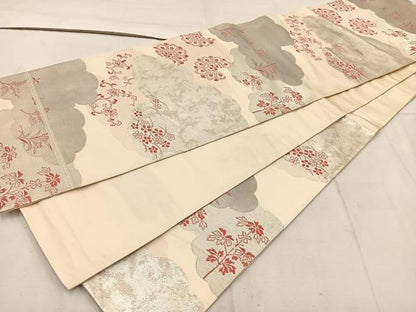 平和屋着物◎六通柄袋帯 雲重ね花文 銀糸 正絹 逸品 BAAW1616mz