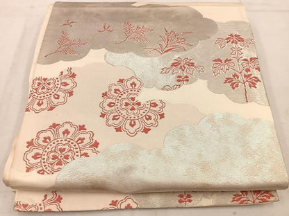平和屋着物◎六通柄袋帯 雲重ね花文 銀糸 正絹 逸品 BAAW1616mz