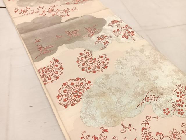 平和屋着物◎六通柄袋帯 雲重ね花文 銀糸 正絹 逸品 BAAW1616mz